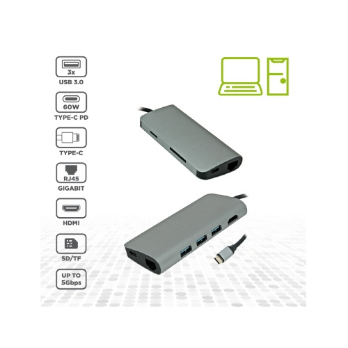 Convertitore USB type-C / LAN con hub USB 3.0 3 porte + HDMI + card reader + PD