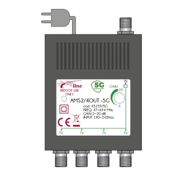 AMS2/4OUT -5G - Amplificatore da interno UHF+VHF 20dB regolazione separata 4out attacco f - con filtro 5G
